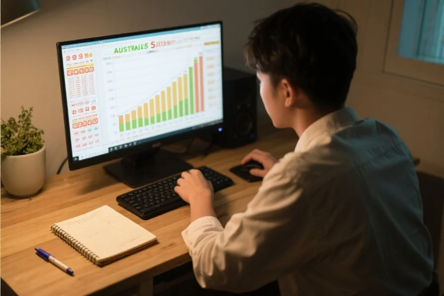 一位新手正在电脑前认真分析澳洲幸运5历史走势图，桌面上有记事本和笔，氛围专注