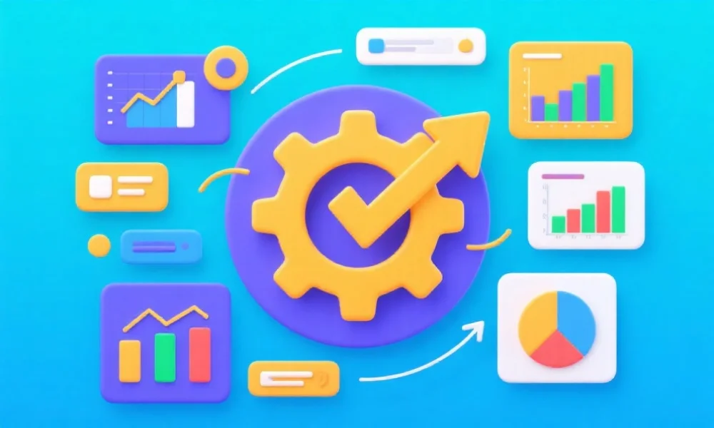 代表平台优化和进步的齿轮与箭头,周围是数据分析图表